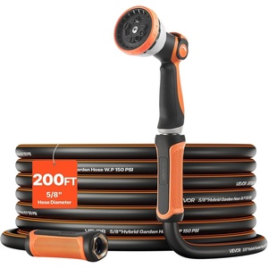 VEVOR Garden Hose, 75 ft 5/8″ Heavy Duty 4-Layer Rubber Water Hose, 150PSI Working & 600PSI Burst, Flexible & Non-kink Outdoor Waterhose with 3/4″ Fitting, Lightweight Hoses for Gardening Cleaning(200 ft with 10-Pattern Nozzle)